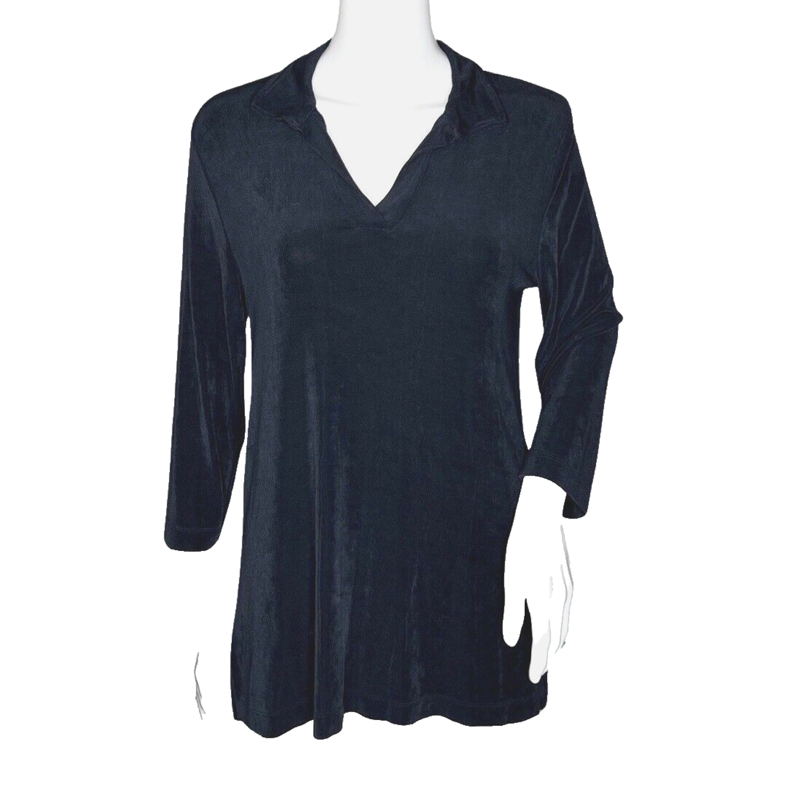 Chicos Shirt Womens Small 0 Blue Tunic Top Collar Travelers Slinky Minimalist